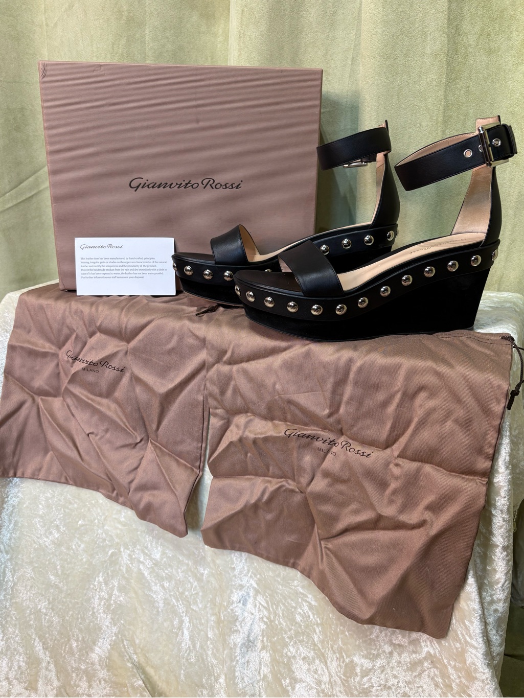 Gianvito Rossi Black Studded Wedge Sandals With Ankle Strap